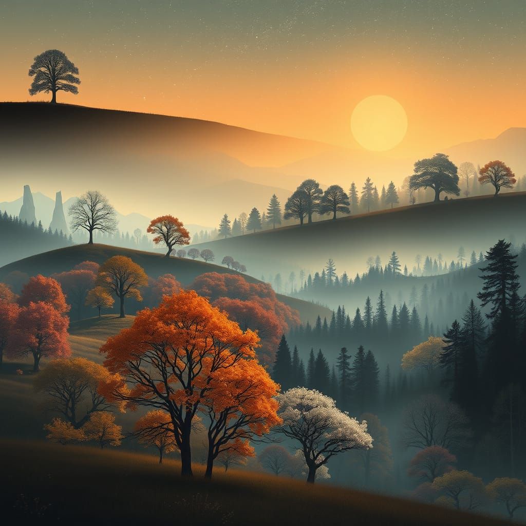 Serene Tree Landscapes in Ethereal Style