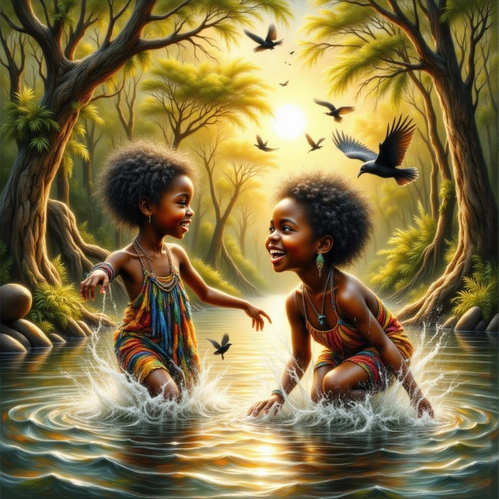 Children's Joyful Play in Sunlit African River