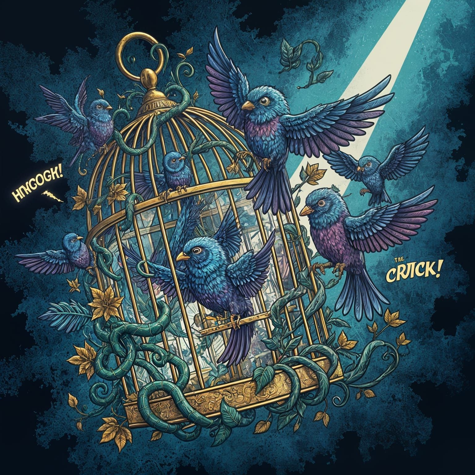 Magical Birds Escape Crumbling Cage in Dramatic Moonlight