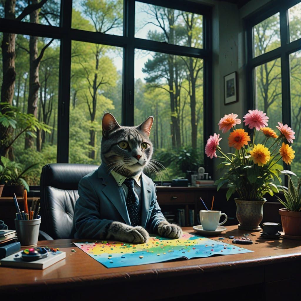 Chartreux Cat in Enchanted Office Oasis