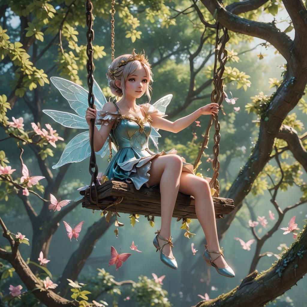 A fairy princess on a swing hanging from a tree branch, 3d rendered, hyper detail, 8k. By artist "anime", 3d anime art, ...