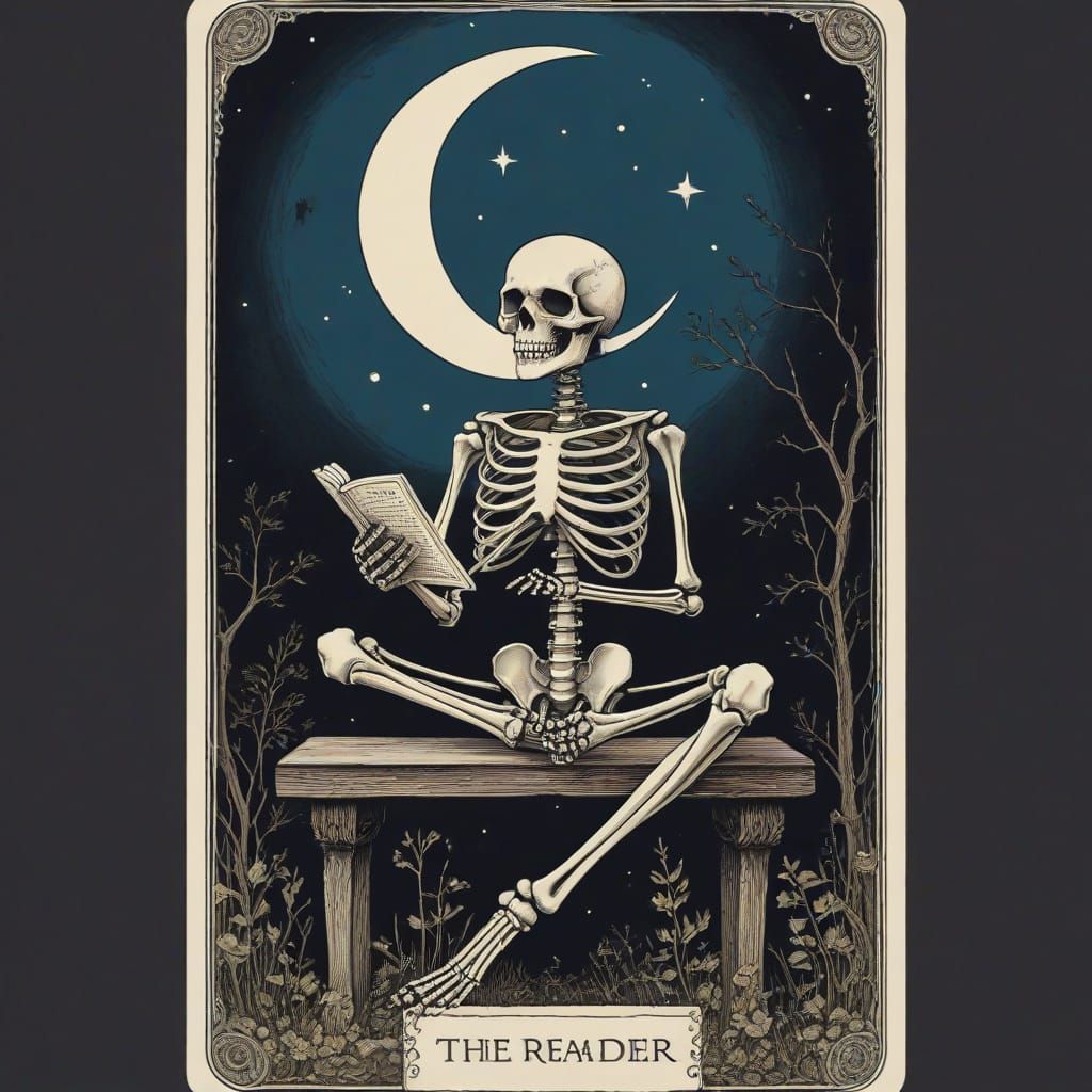 Skeleton Tarot Card: The Reader with Moon Phases