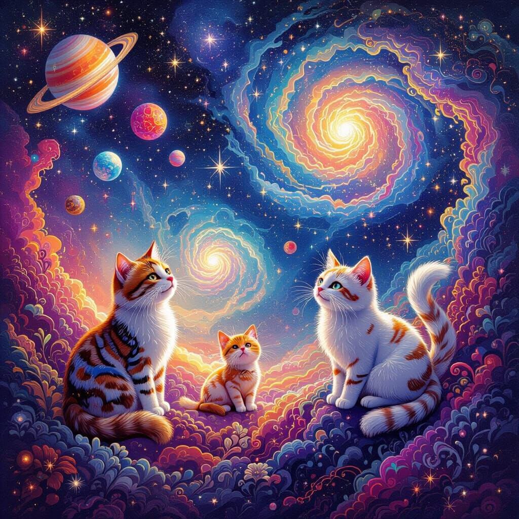 Playful Cats in Astral Cosmic Nebula Illustration