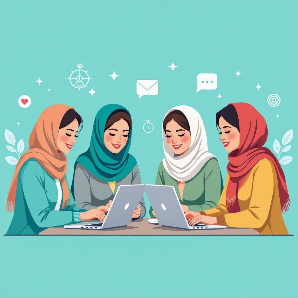 Afghan Women Collaborating in Modern Office Flat Vector Art