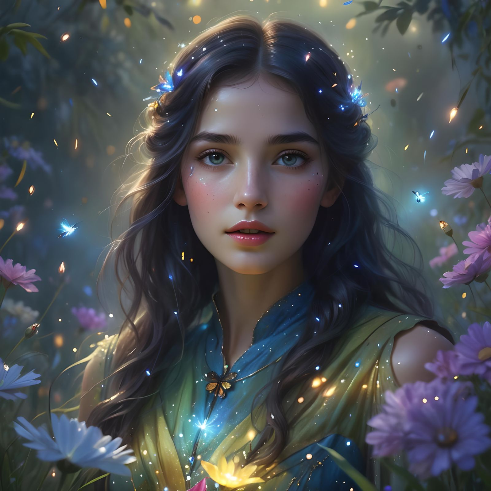 Goddesses in a Sparkly Flower Garden, Hyperrealistic 4D