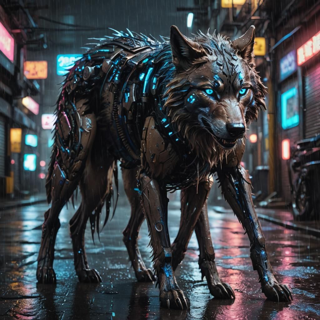 Cyberpunk Wolf with Glowing Eyes in Rainy City