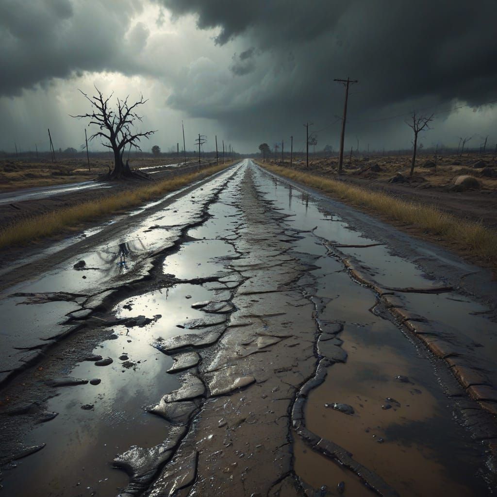 Desolate Road with Potholes and Stormy Sky