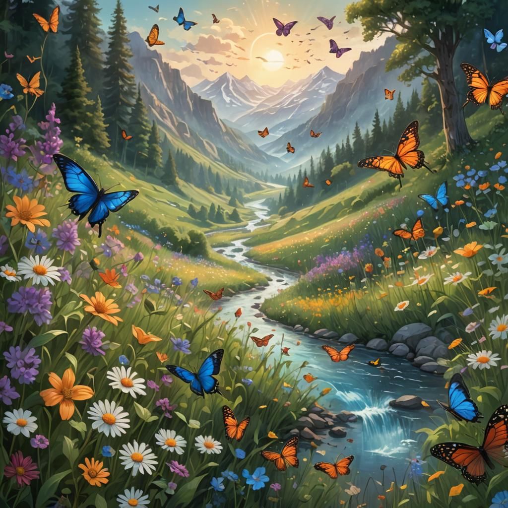 Lush River Landscape with Birds in Fantasy Art