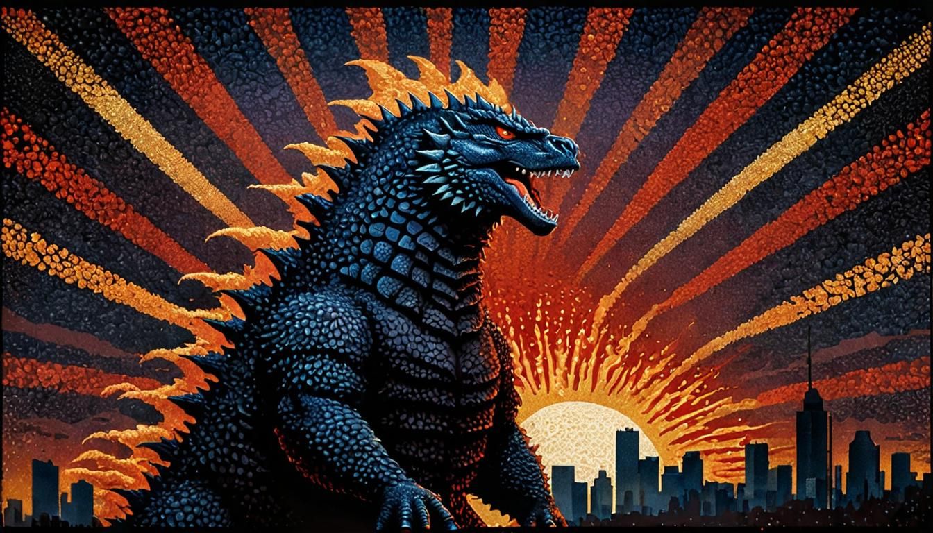 Godzilla Exhales Flames in Pointillism Style