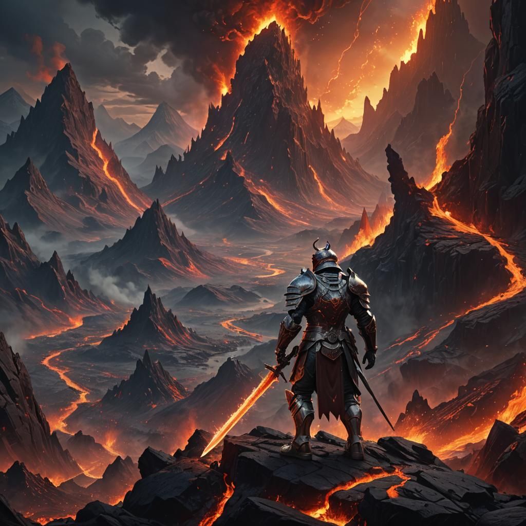 Armored Warrior Overlooking Volcanic Landscape