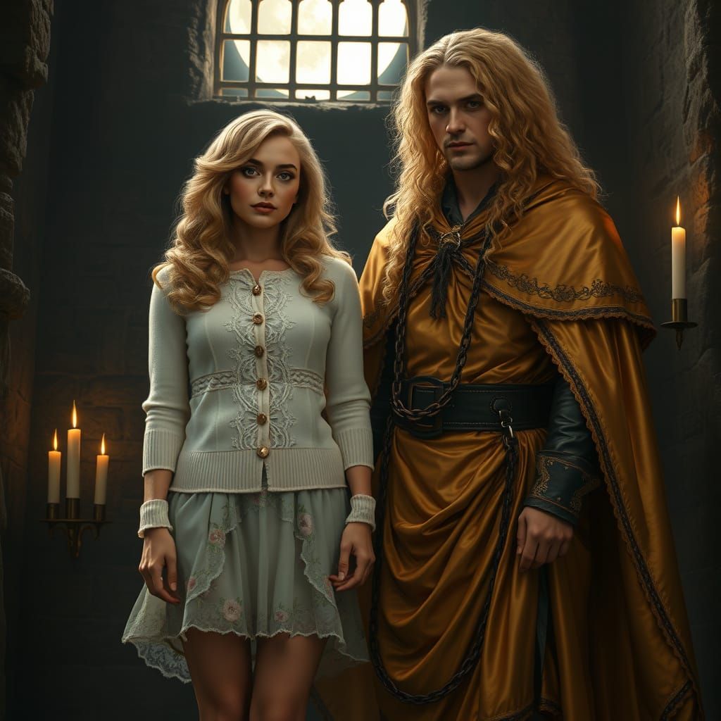 Medieval Lovers Bound by Ancient Chains in Moonlit Castle