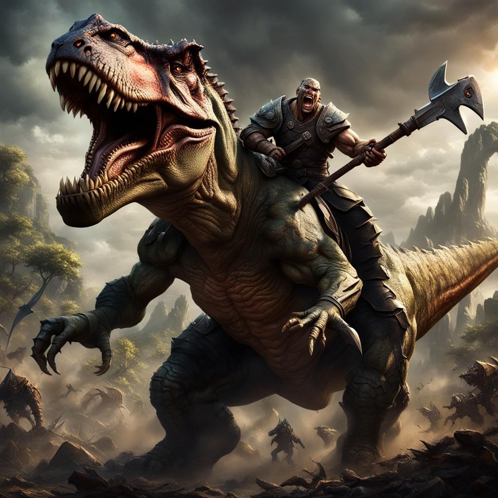Orc Warrior on T-Rex in Epic Battle