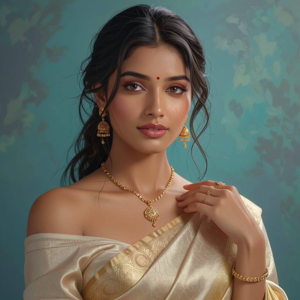 Woman in Silk Saree, Fantastical Concept Art Style