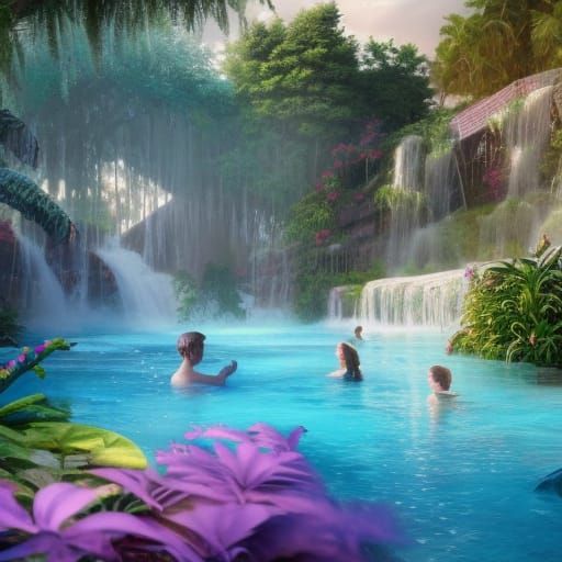 Outdoor Swimming Pool with Rainbow Waterfall in Paradise