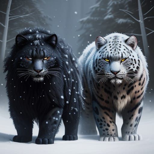 Panther and Snow Leopard Gnawing Red Carpet in Vibrant Fanta...