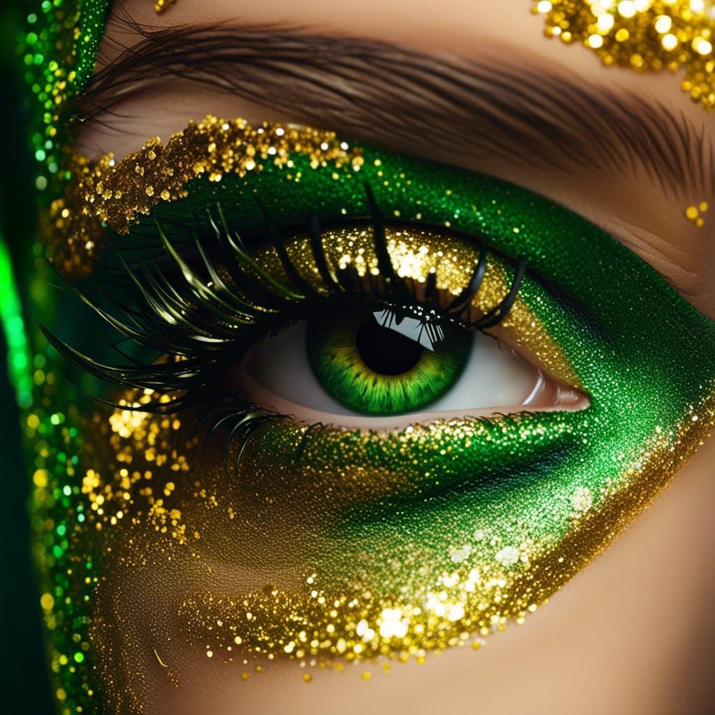 Close-Up of Eye with Green and Gold Glitter Makeup