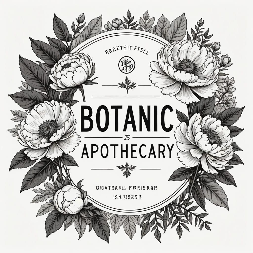 Botanic Apothecary Logo in Black and White with Leaf Accents