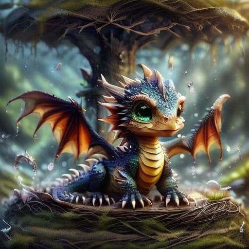 Cute Red Dragon in Serene Japanese Zen Garden with Sakura Bl...