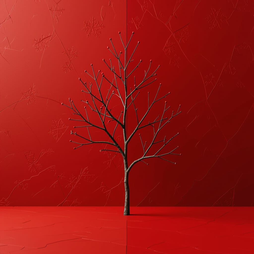 Minimalist Crimson Tree Branch on Red Background