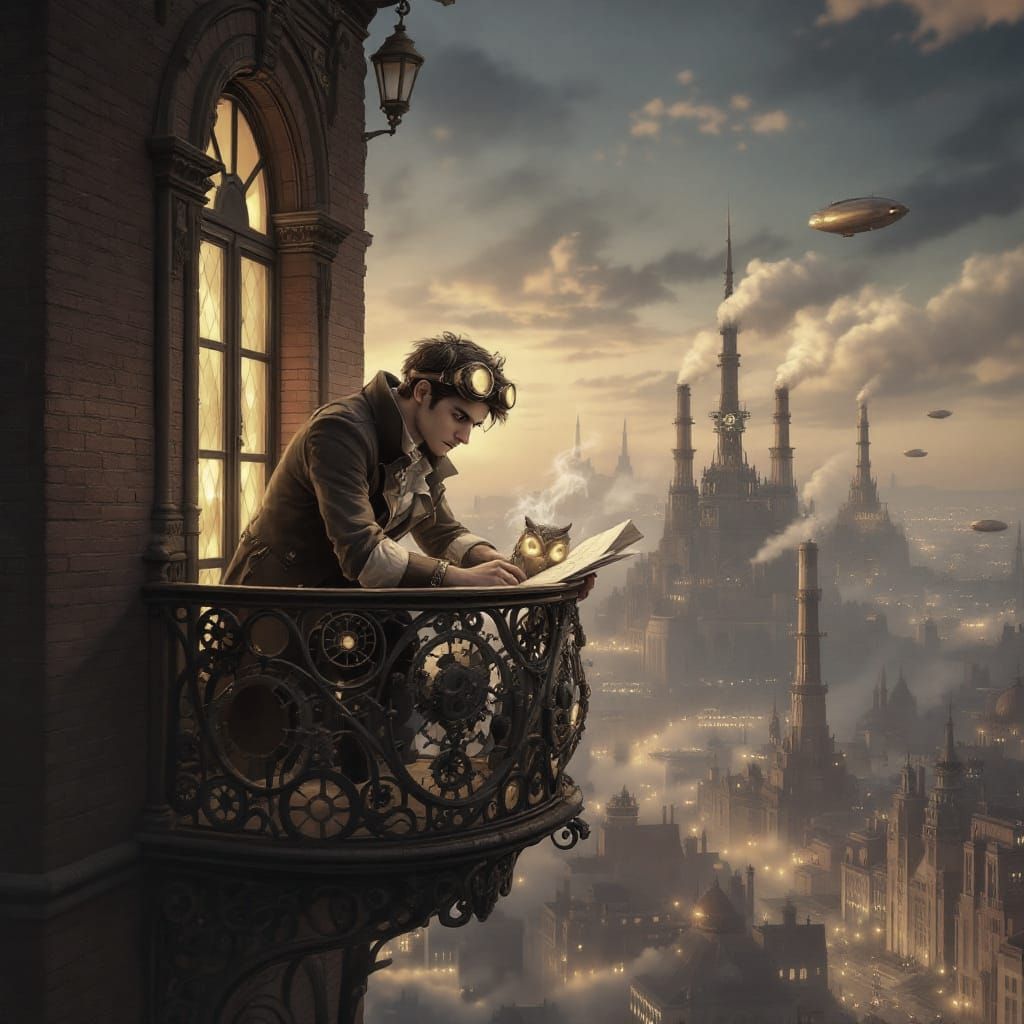 Victorian Inventor on Balcony at Twilight