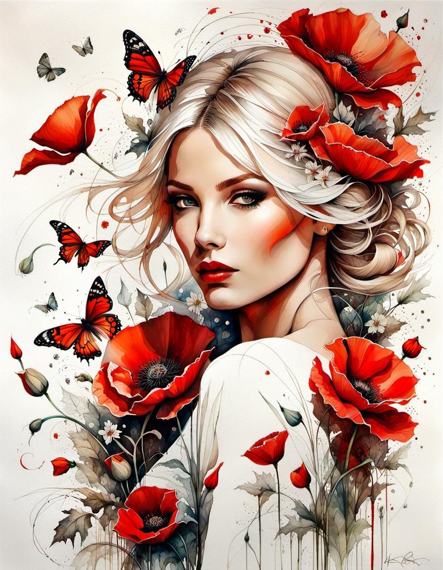 Woman with Poppies: Dynamic Watercolor Art
