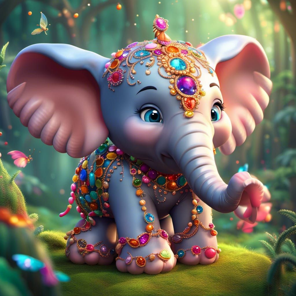 Pixar render Disney style adorable colorful baby elephant, decorated in gems and jewels, sweet face, in a fairy forest