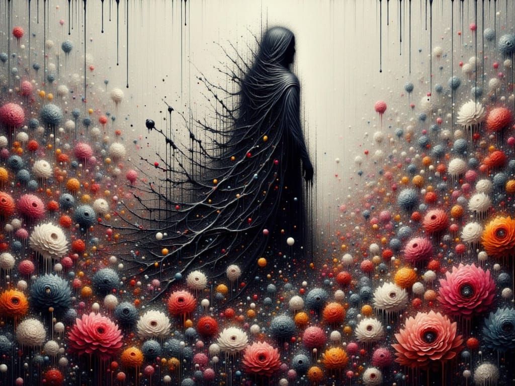 Deathly Figure Walking Through Flower Field