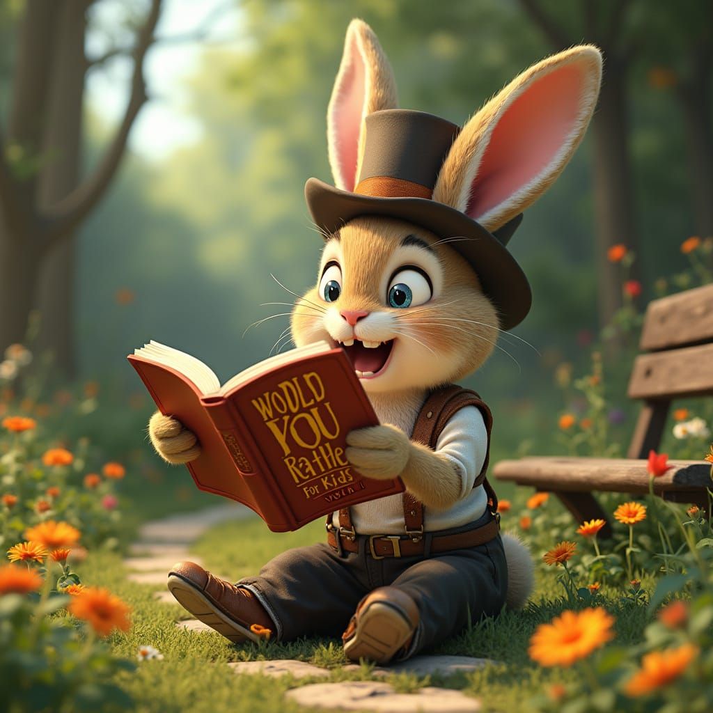 Whimsical Rabbit Laughs at Humorous Book in a Lush Garden