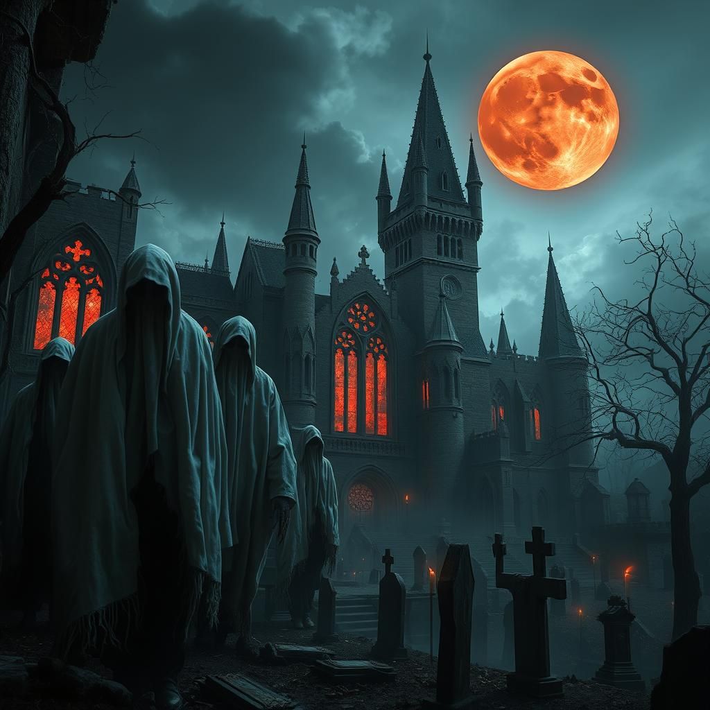 Ghosts Haunt Ruined Castle Under Blood-Red Moon