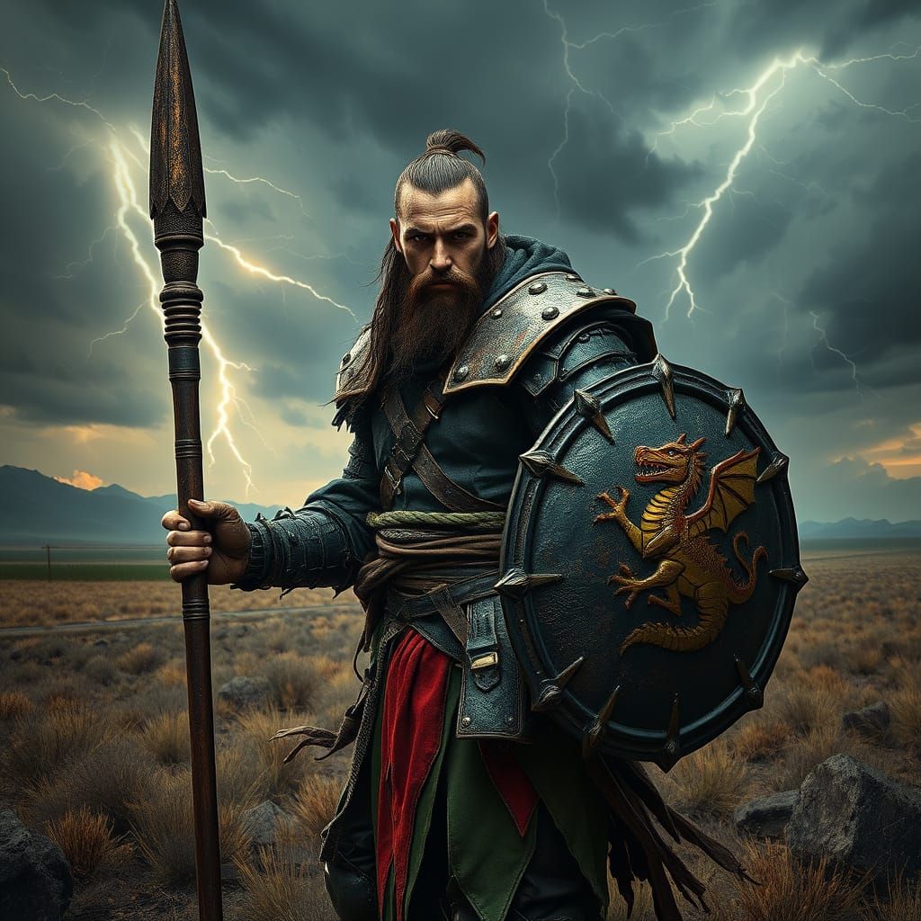 Apocalyptic Warrior in Stormy Wasteland