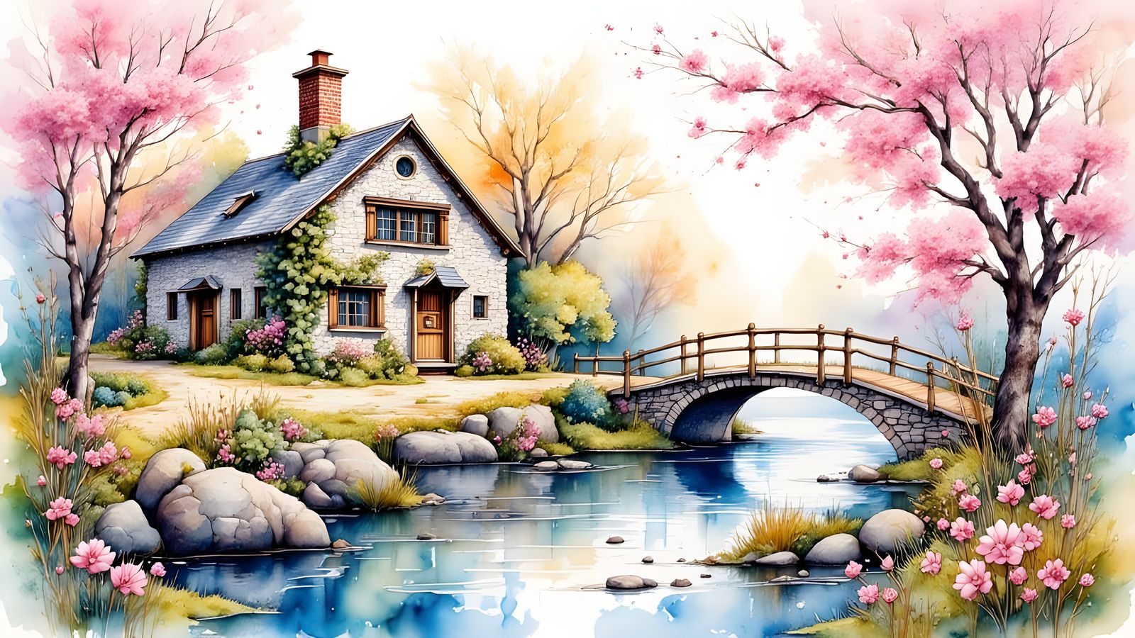 Watercolor Cottage Beside Flowing Stream with Stone Bridge