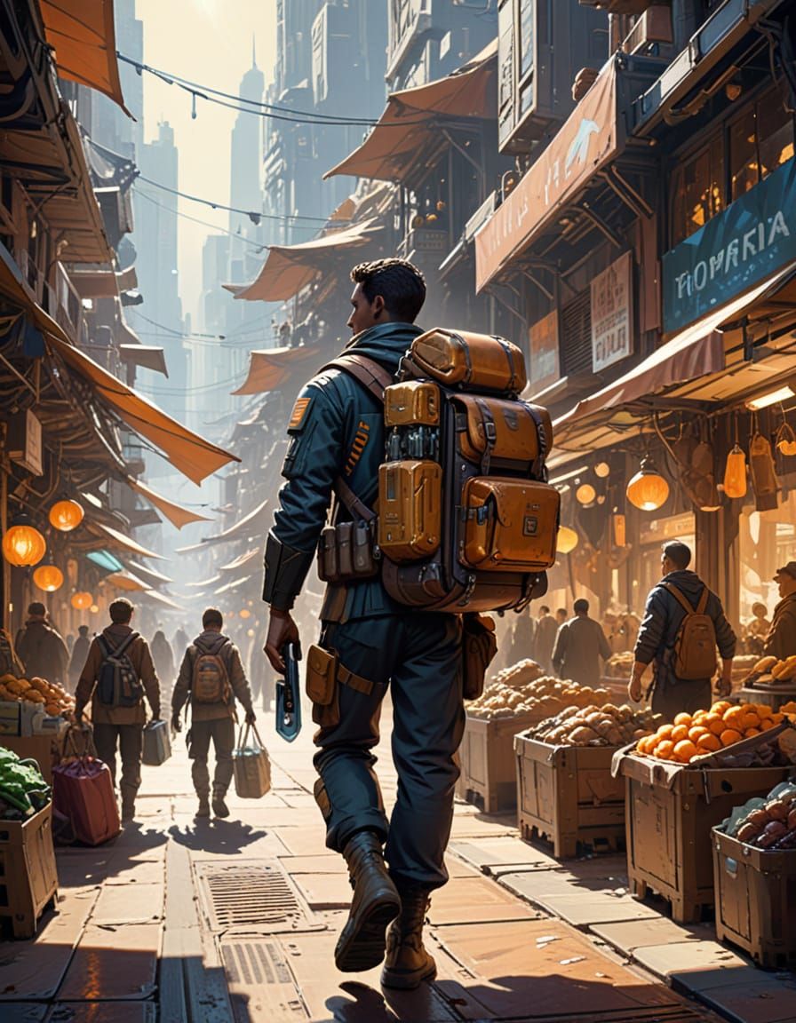 Futuristic Porter in Bustling Sci-Fi Marketplace