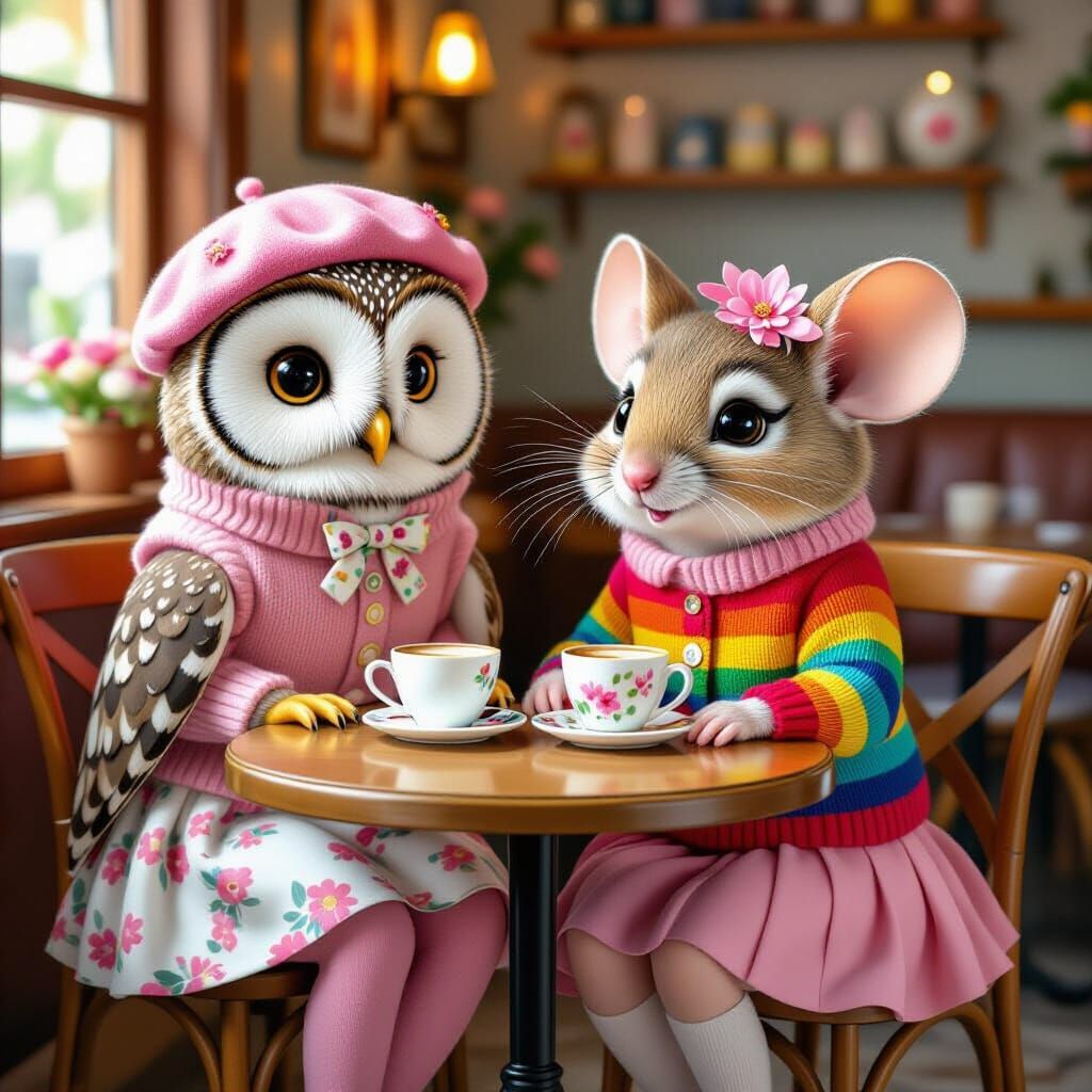 Owl and Mouse Enjoying a Coffee Date in Cute Outfits