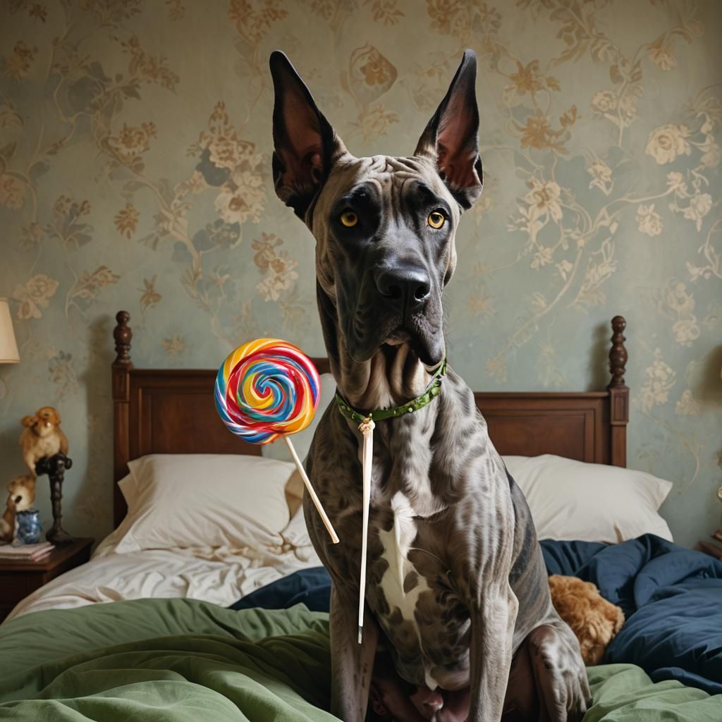 Great Dane Monster with Lollipop in Cozy Bedroom