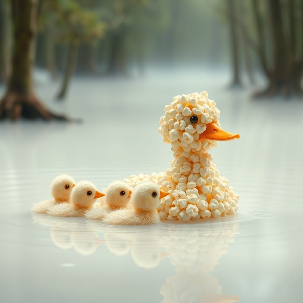 Popcorn Mother duck teaches her children to swim in a milk l...
