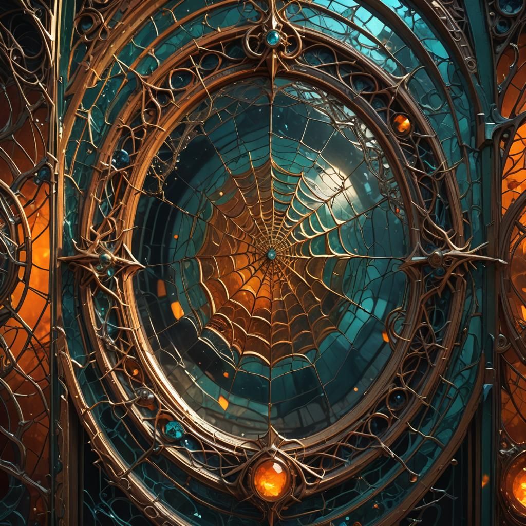 Spiderwebs Emerge from Ornate Mirror, Dark Fantasy Art