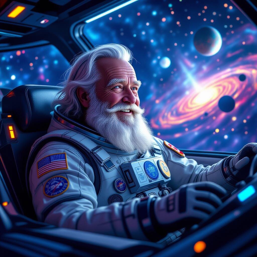 Elderly Man Piloting Spaceship Through Nebula in Digital Art...