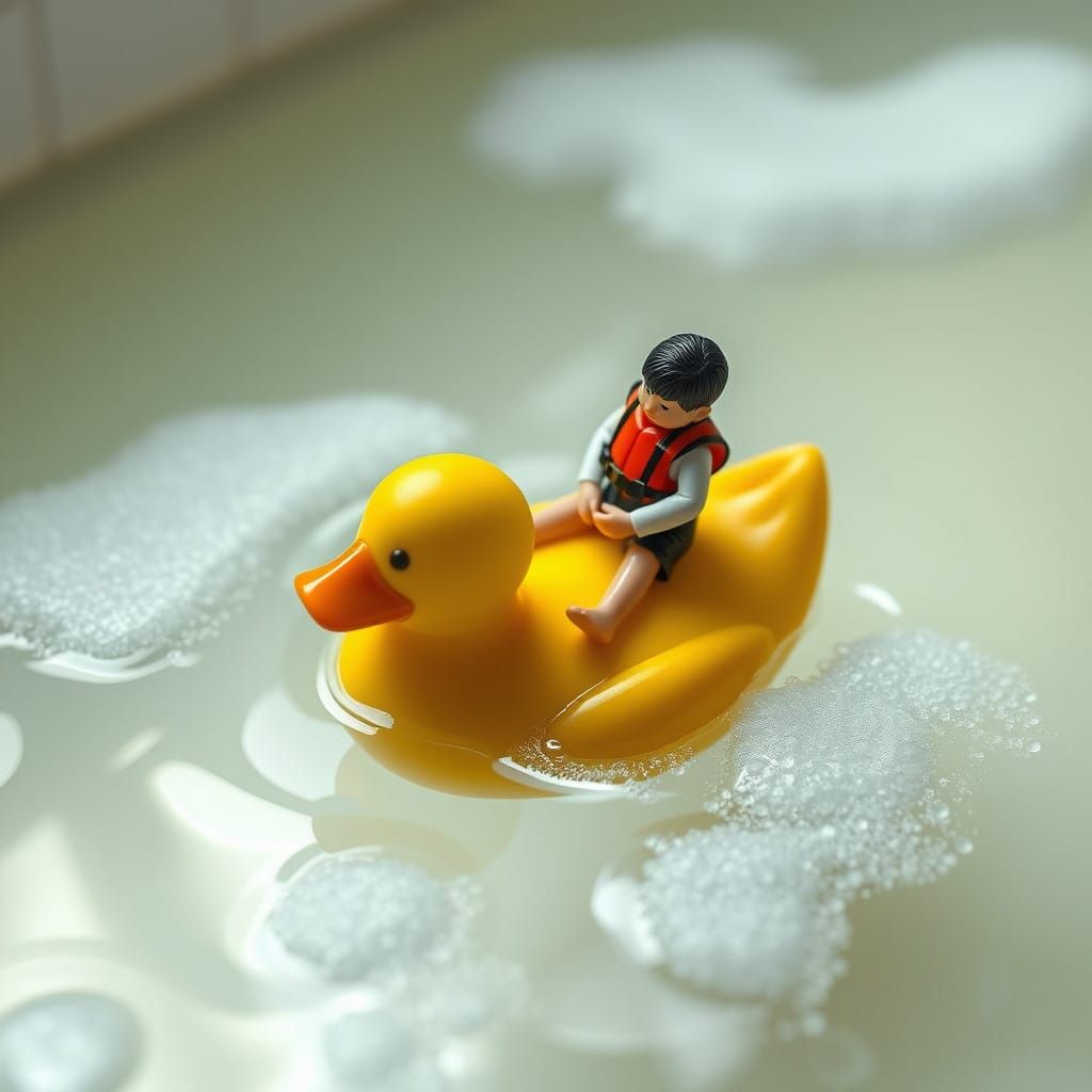Tiny Adventurer Riding Rubber Ducky in Soapy Bath Tub
