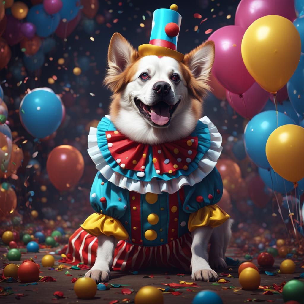 Dog in Birthday Clown Outfit: Digital Art