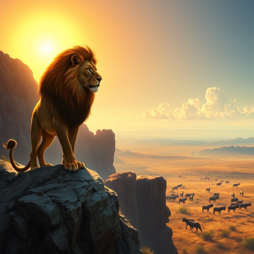 Fiery Lion Overlooking Savannah in Epic Realism Style
