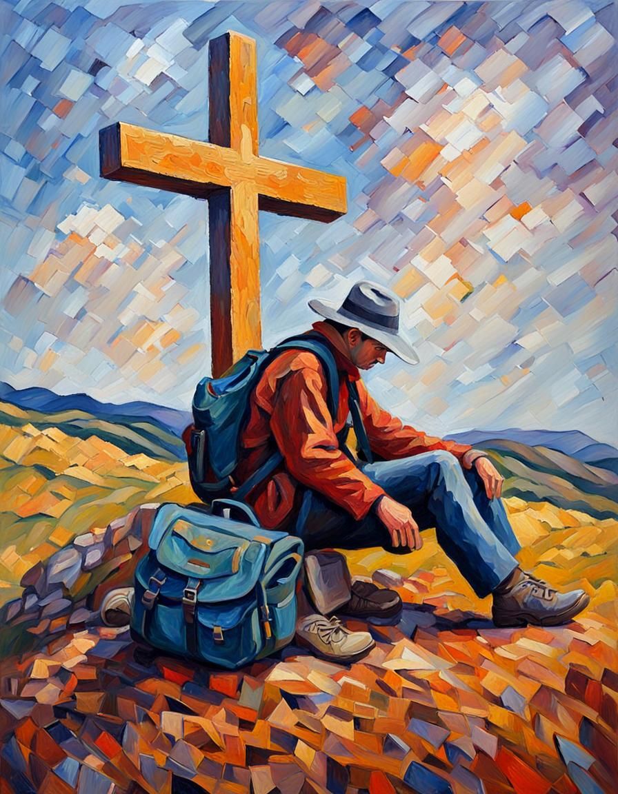 Pilgrim at Cross: Neo-Impressionist Expressionist Oil Painti...
