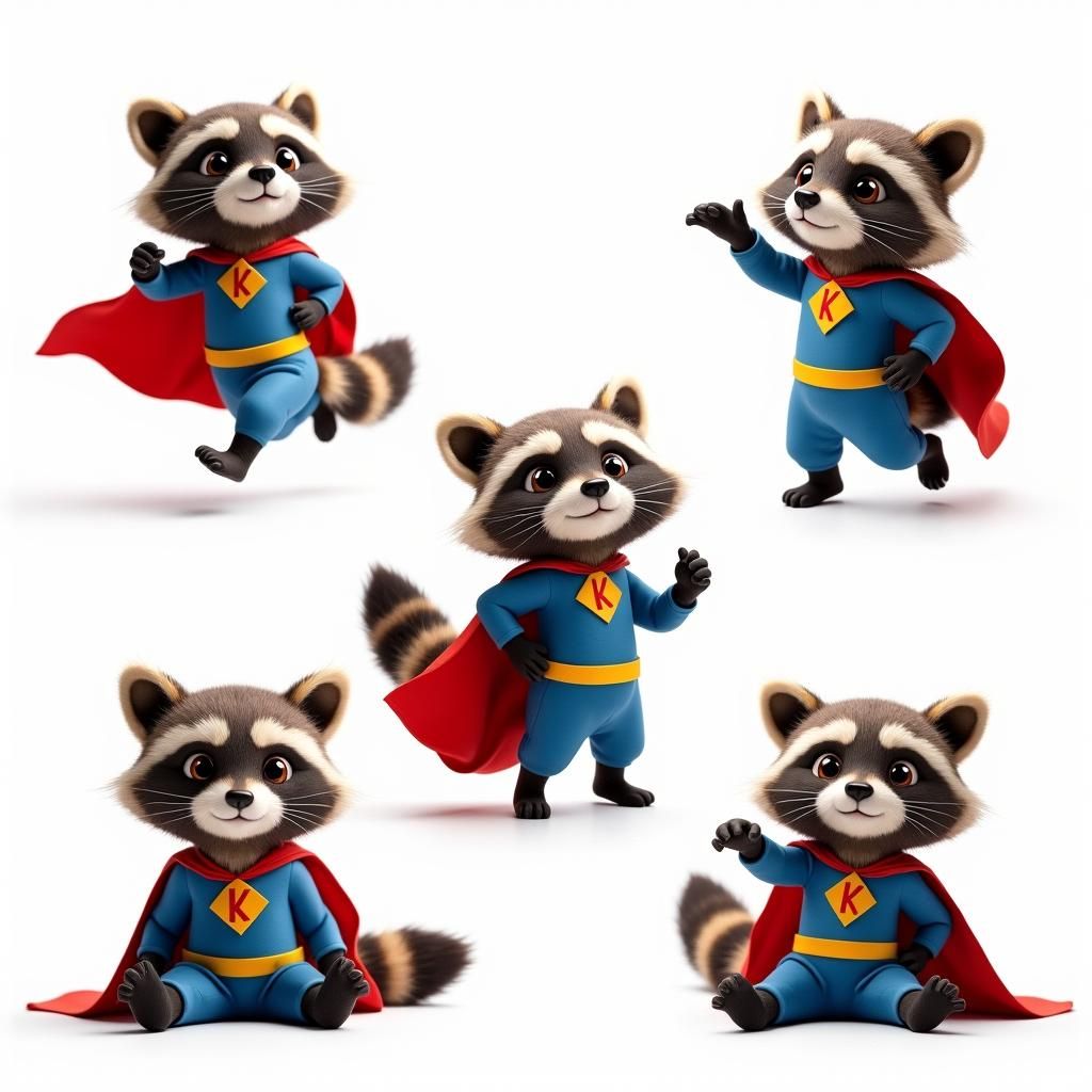 Raccoon Superhero in Five Poses, Pixar Style