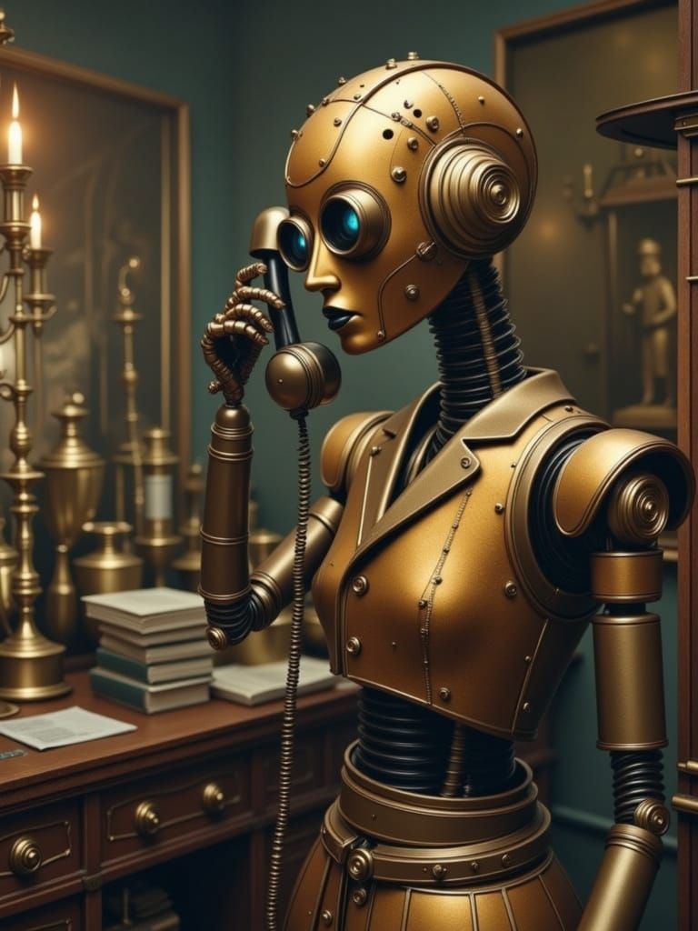 Vintage 1940s Robot on Candlestick Phone in Sepia Photo