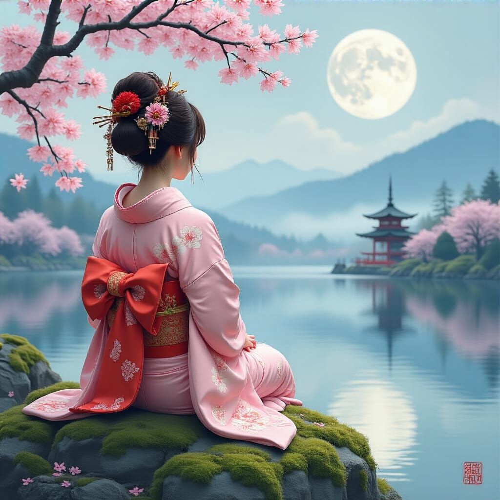 Serene Japanese Woman Admires Moonlit Lake in Traditional Ar...