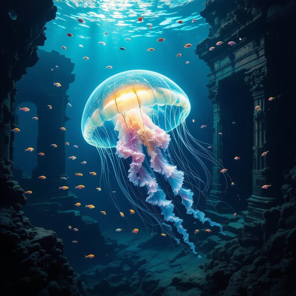 Bioluminescent Jellyfish Over Ancient Ruins in Deep Sea