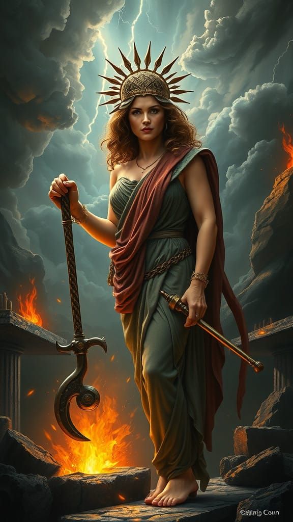 Goddess of the Forge in Celestial Blacksmithing Scene