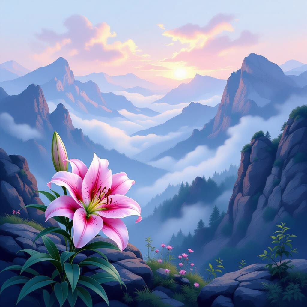 Pink Lily Over Misty Mountains: Romantic Landscape