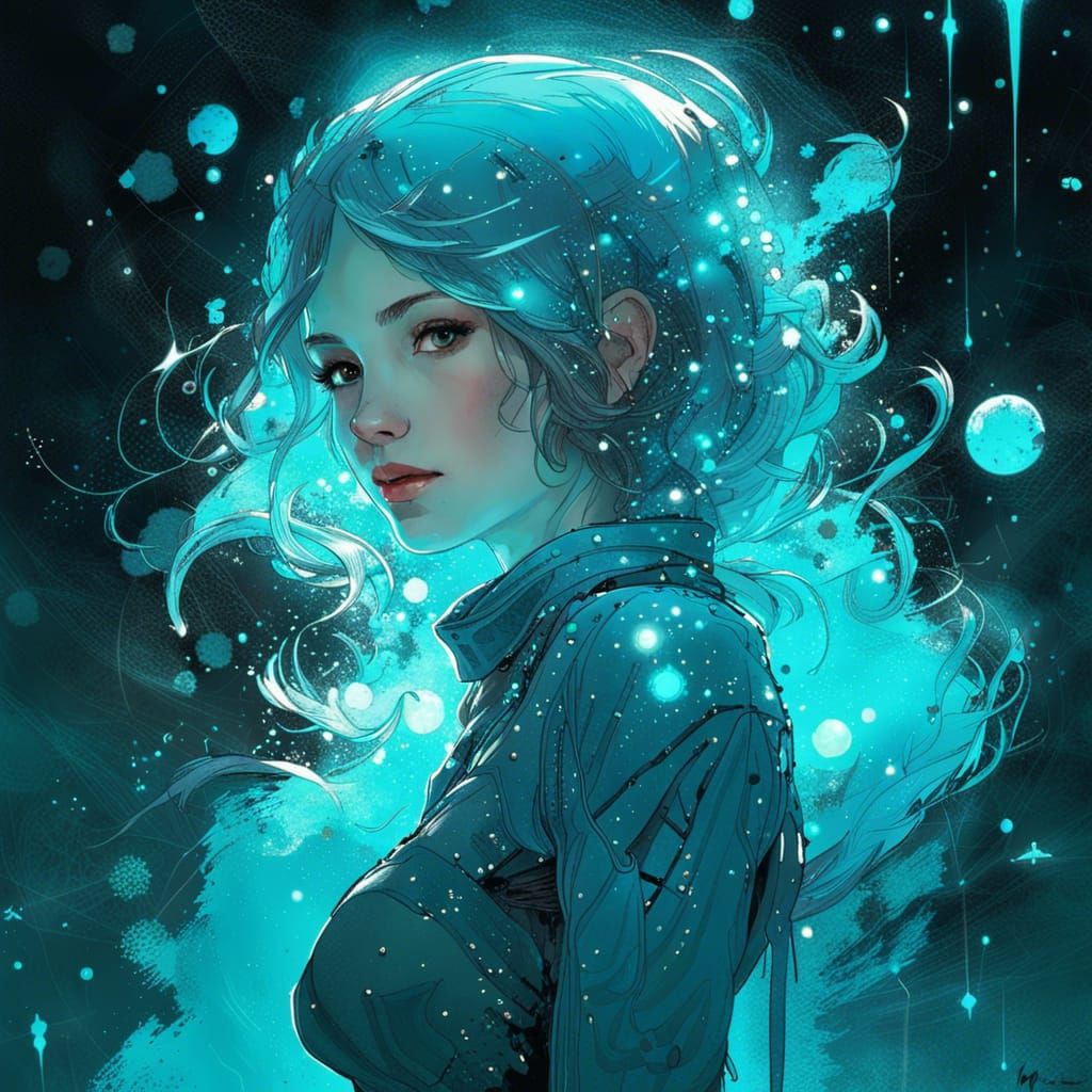 Ice Blue Galaxy Girl with Constellations