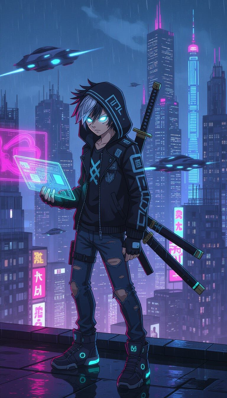 Cyberpunk Anime Boy Overlooking Neon City at Night