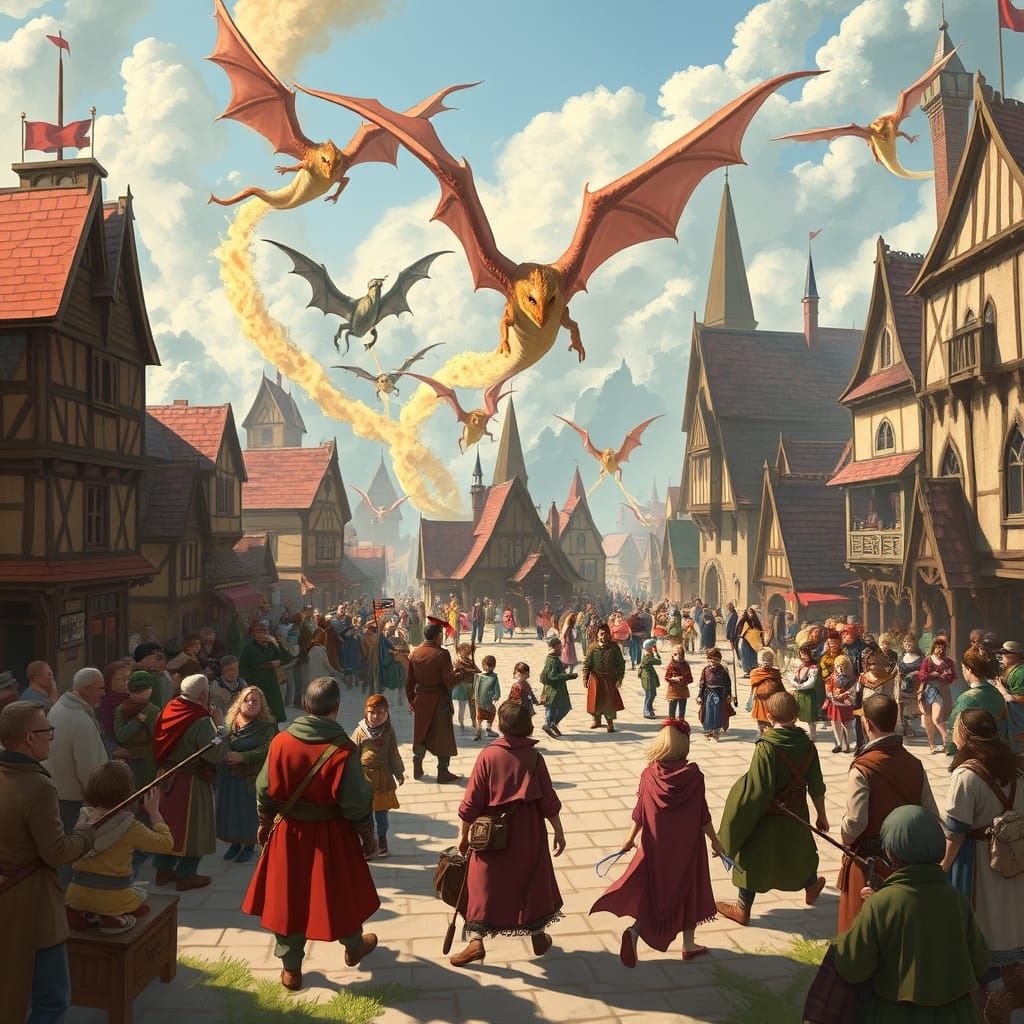Bustling Town Square with Invisible Dragons, Fantasy Art